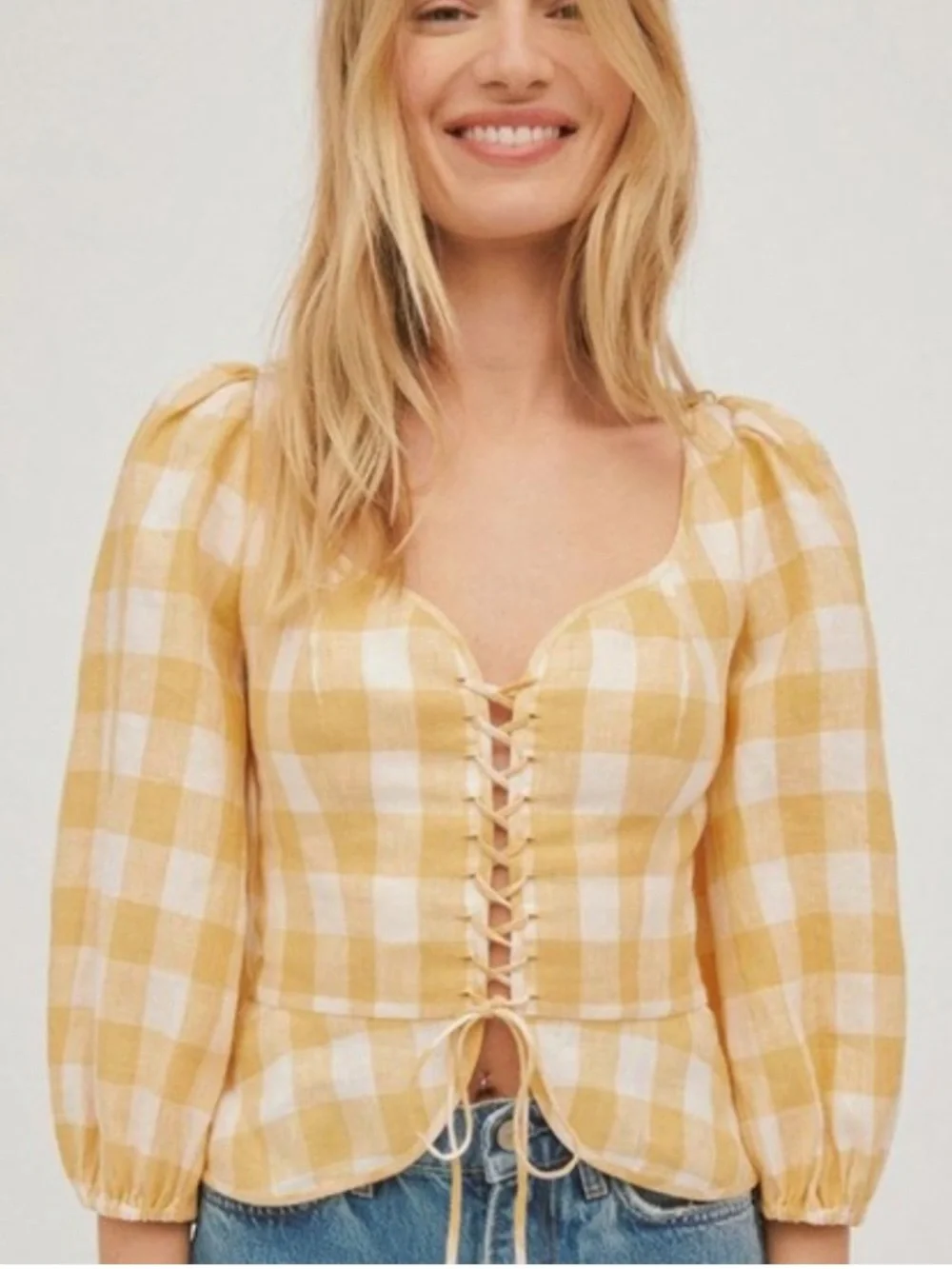 Reformation Barrett Top yellow gingham sweetheart neck 100%Linen Size 12